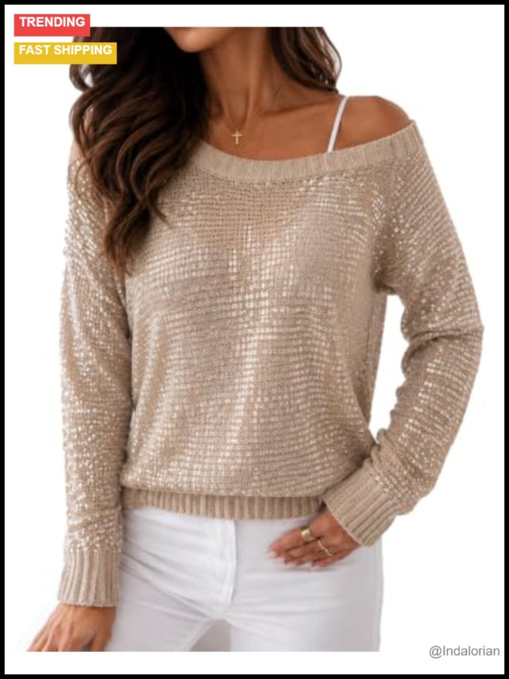 Sequin Off the Shoulder Knit Sweater Pullover Lightweight